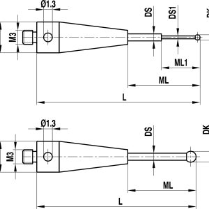 Kulka rubinowa M3 o śr. 0,3 mm, trzon z węglika wolframu, dł. 20 mm, dł. pom. 1/dł. pom. 2,3/11,0 mm, do zastosowań ZEISS